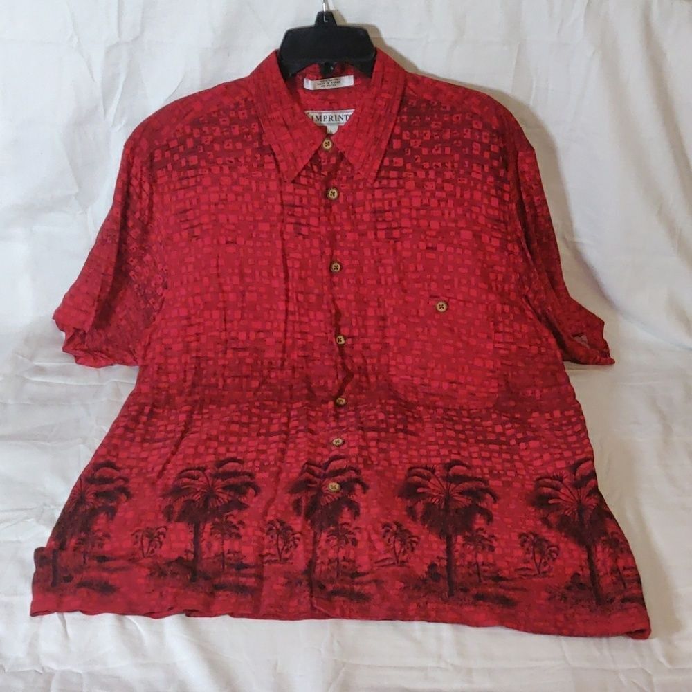 Imprints‎ Deep Red Rayon Button-Up Shirt Size L